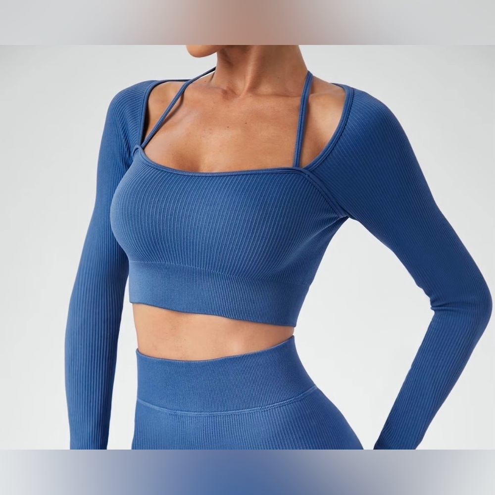 Blue Ribbed Long Sleeve Crop Top